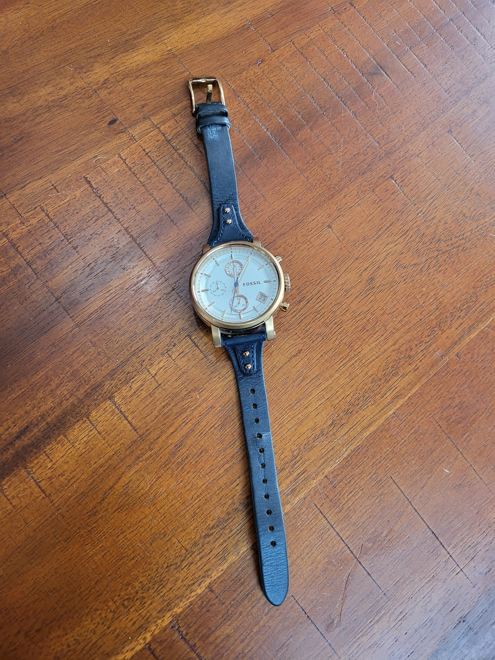 Fossil Rose Gold Case Blue Leather Strap Women's Chronograph - Picture 2 of 3